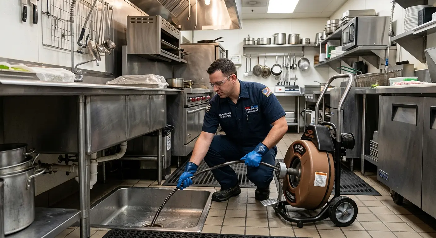 Commercial drain cleaning service in a restaurant kitchen in Berthoud