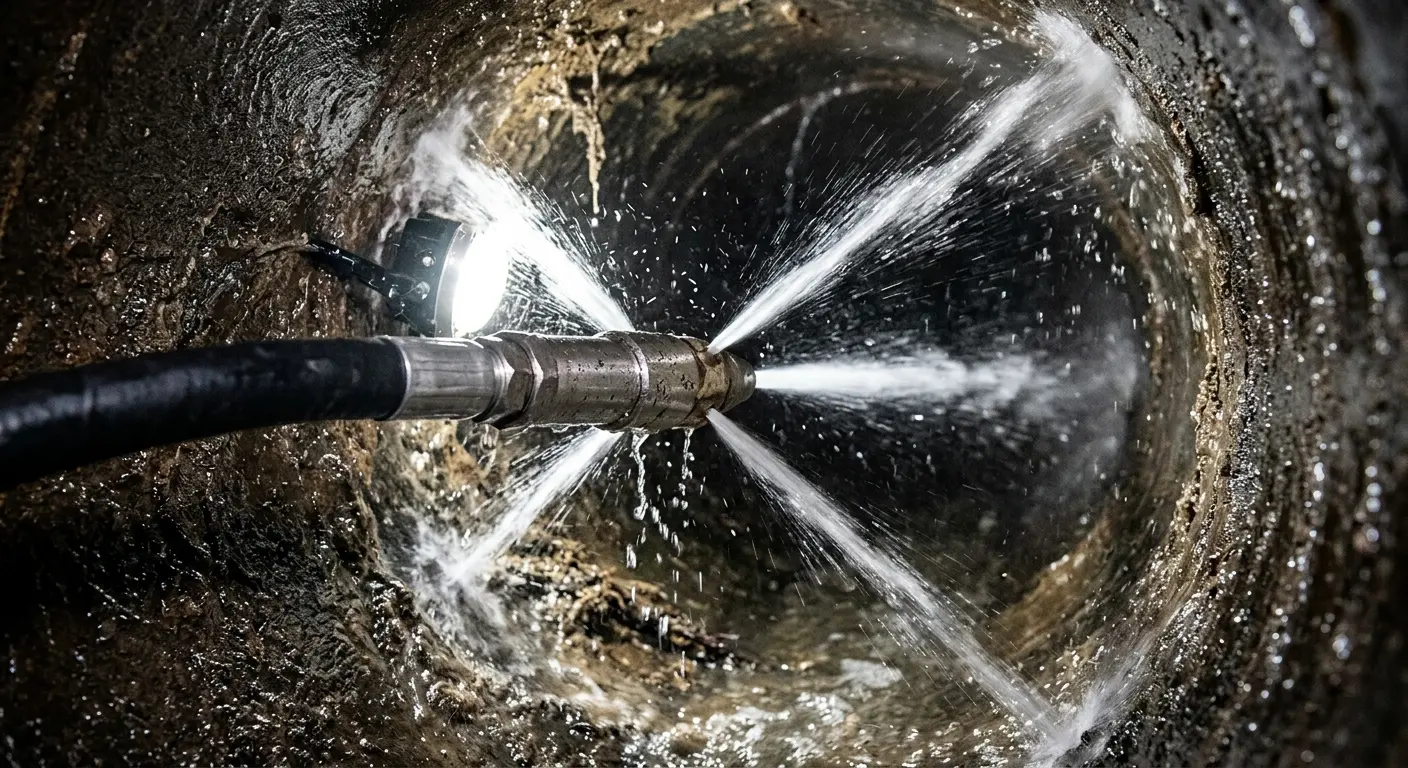 High-pressure hydro jetting nozzle cleaning sewer pipe for Trenchless Sewer Repair in Berthoud