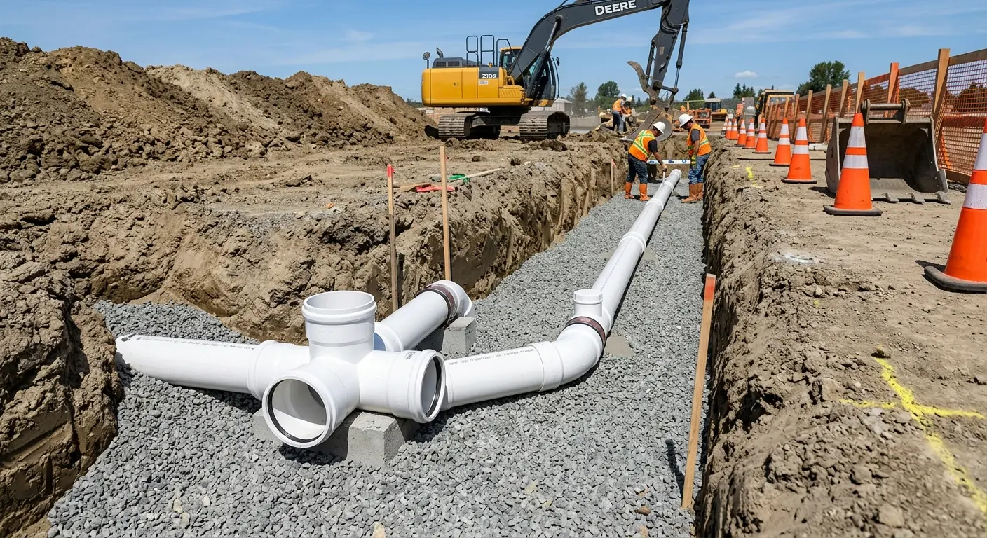 New PVC sewer pipe installation in open trench for Grease Trap Cleaning in Berthoud
