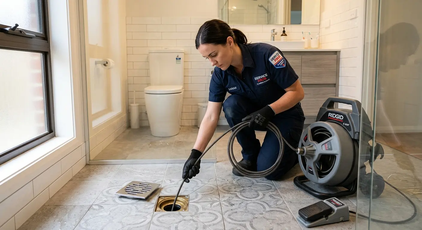 Technician clearing a bathroom floor drain for Drain Cleaning in Berthoud